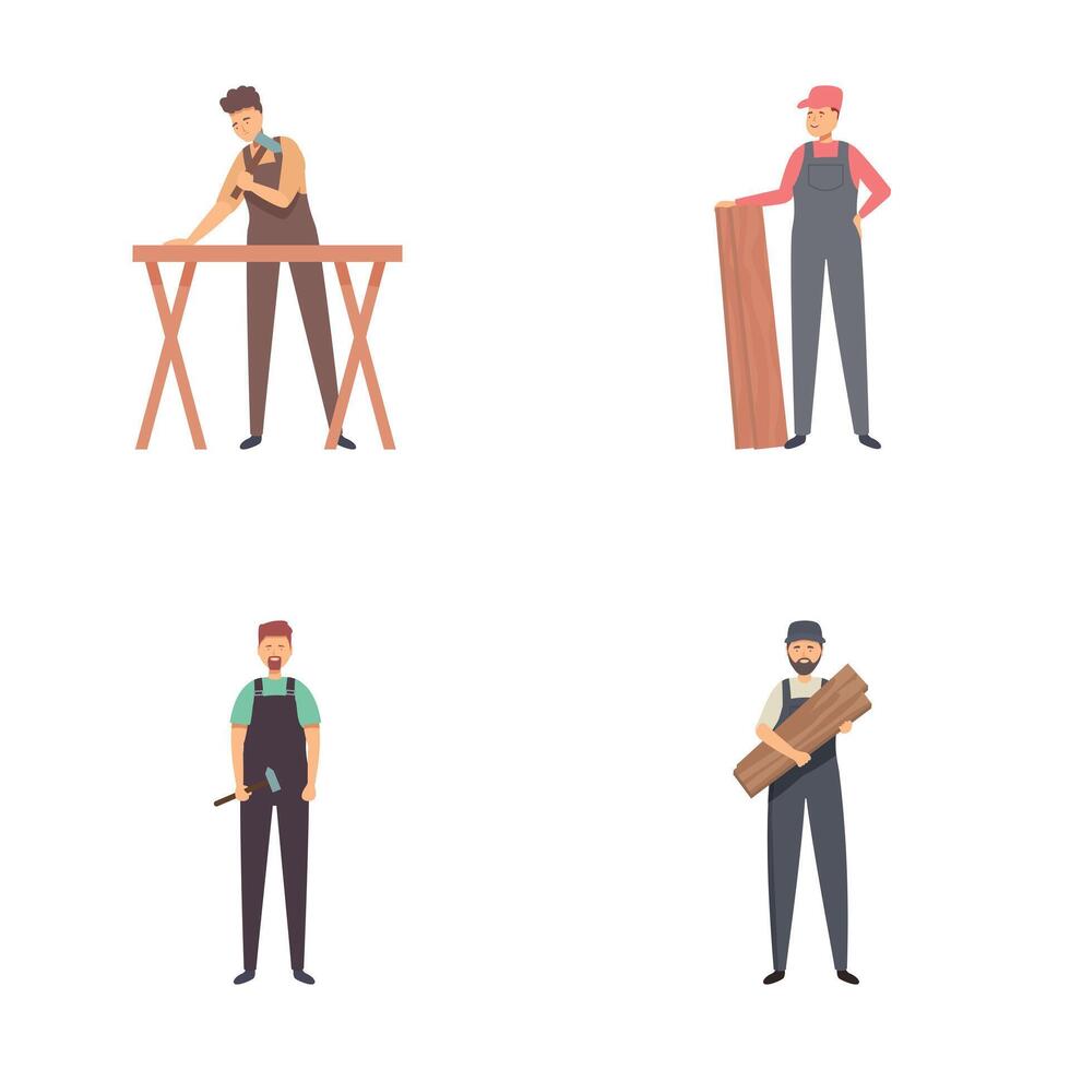 Set of cartoon carpenters with wood and tools vector
