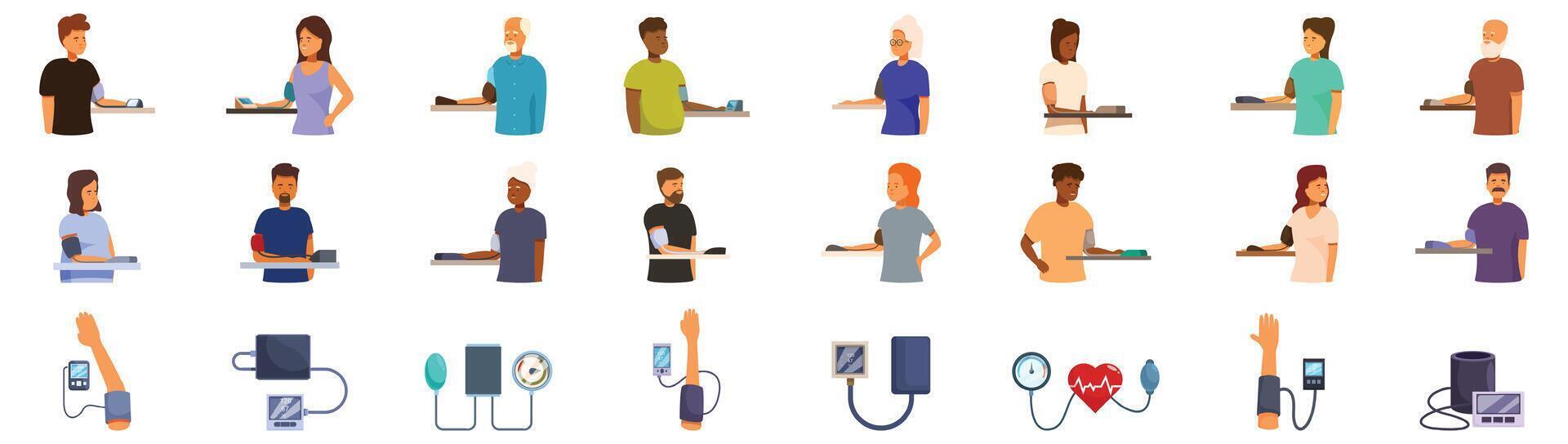 Measure blood pressure icons set . A collection of people with various medical devices vector