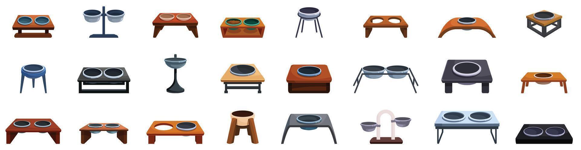 Pets bowl stand icons set . A collection of dog bowls and dog dishes vector