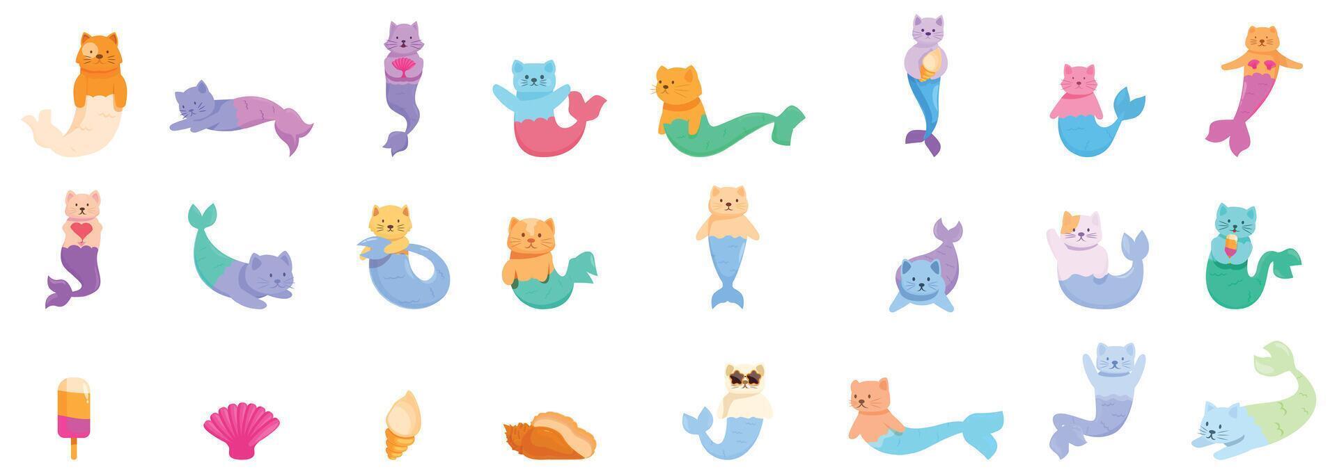 Mermaid cats icons set . A collection of cartoon mermaids in various colors and sizes vector