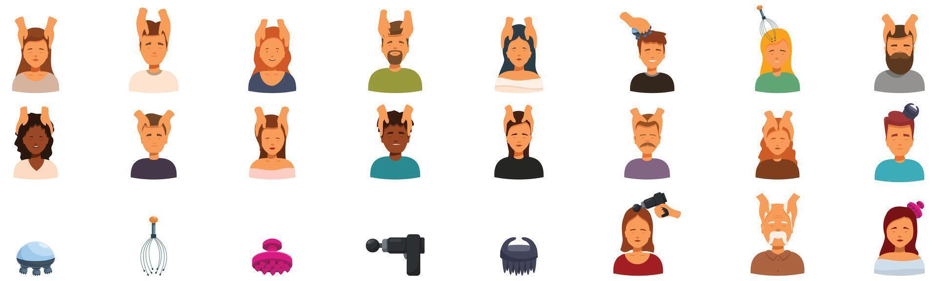 Head massage icons set . A collection of cartoon faces with a variety of expressions and hairstyles vector