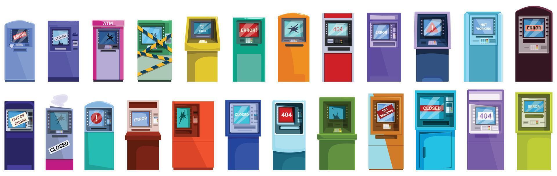 Broken ATM icons set . A row of colorful vending machines with a variety of signs and symbols vector
