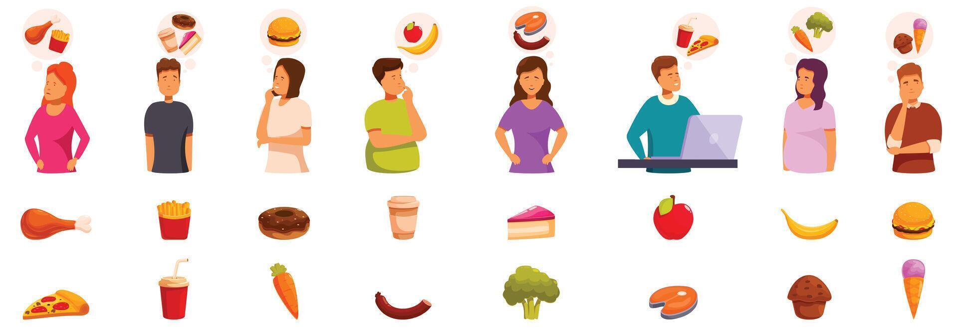 Thinking food icons set . A group of people are shown with different food items in front of them vector