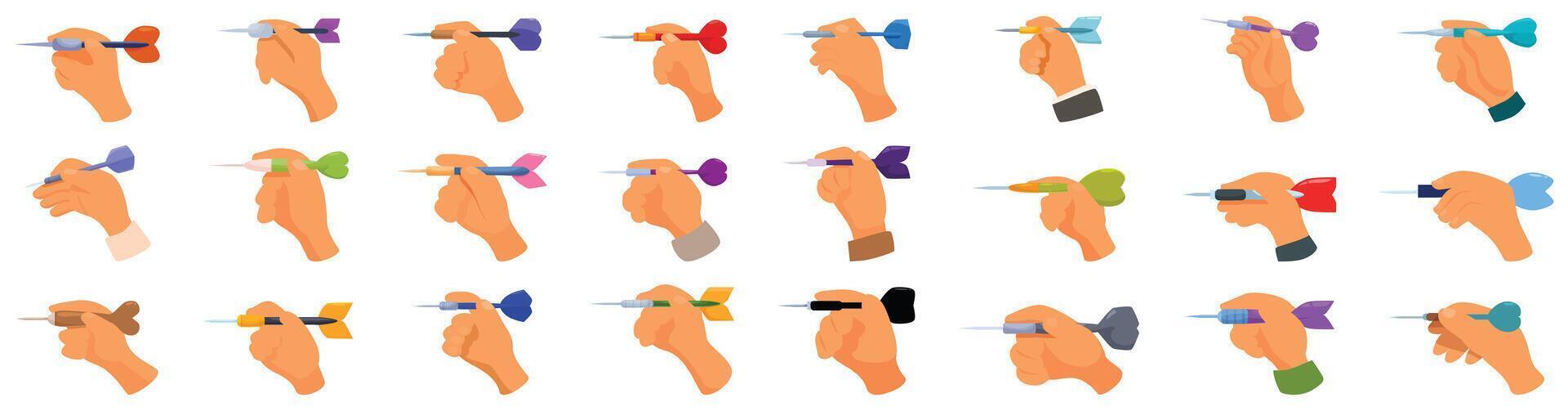 Hand holds dart icons set . A row of hands holding different colored darts vector