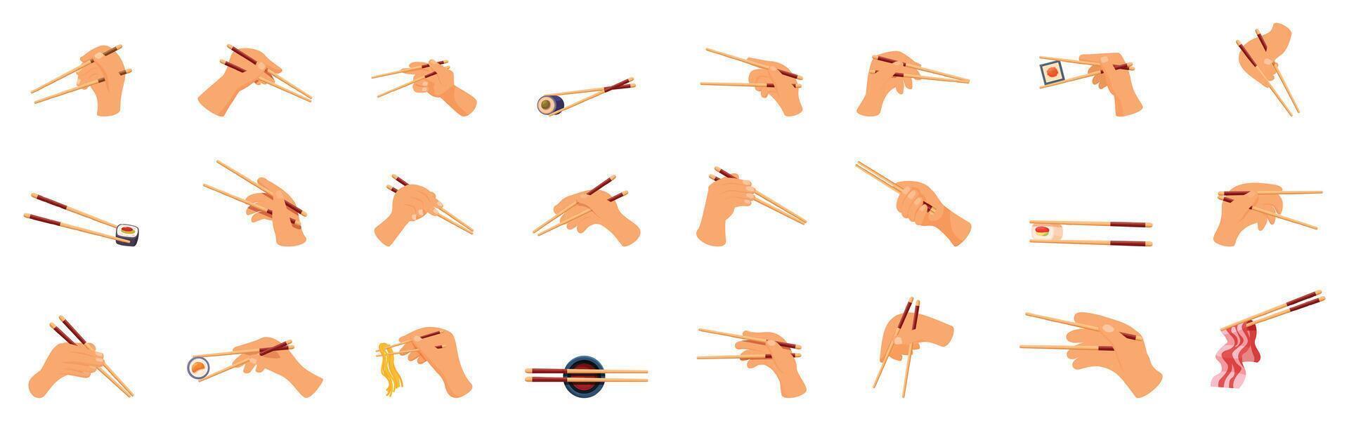 Hands holding chopsticks icons set . A collection of cartoonish drawings of chopsticks and other Asian utensils vector