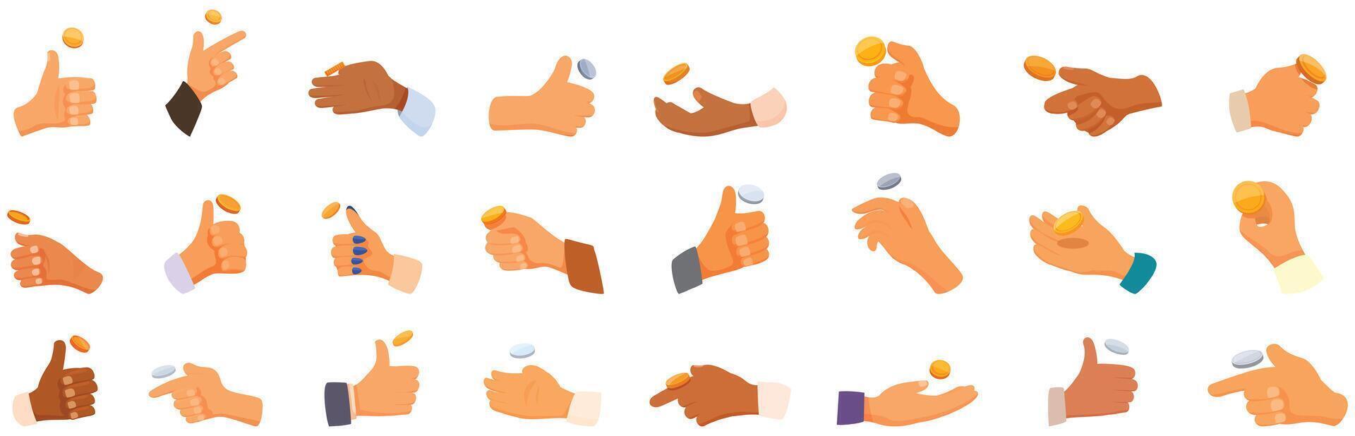 Hand flips coin icons set . A collection of cartoon hands holding coins and giving thumbs up vector