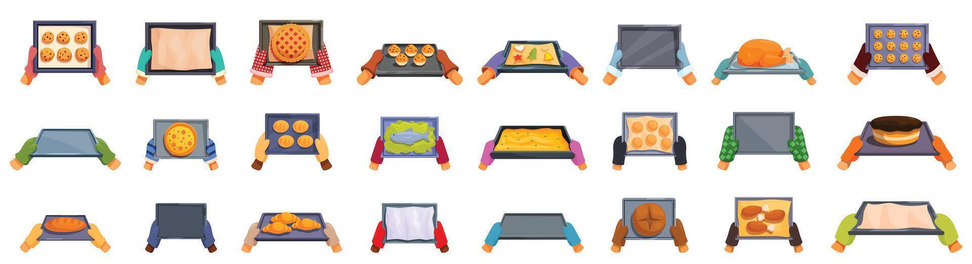 Hands hold oven tray icons set . A collection of people holding various food items, including pizza, cookies vector