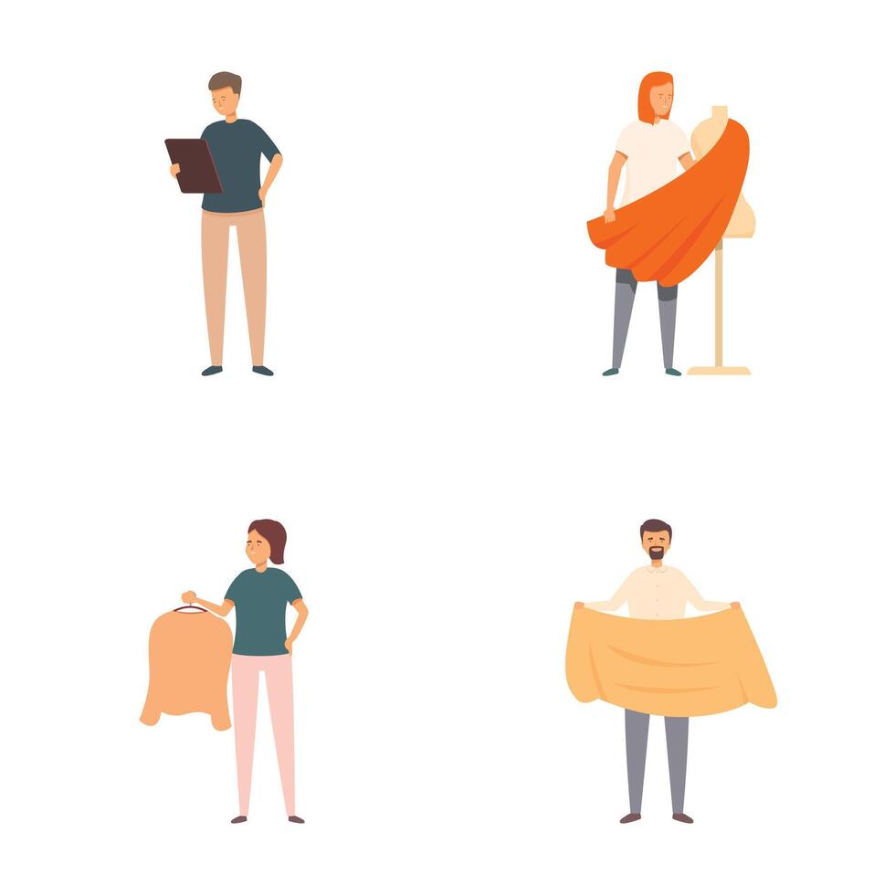 Fashion designers with fabrics and sketchpad vector