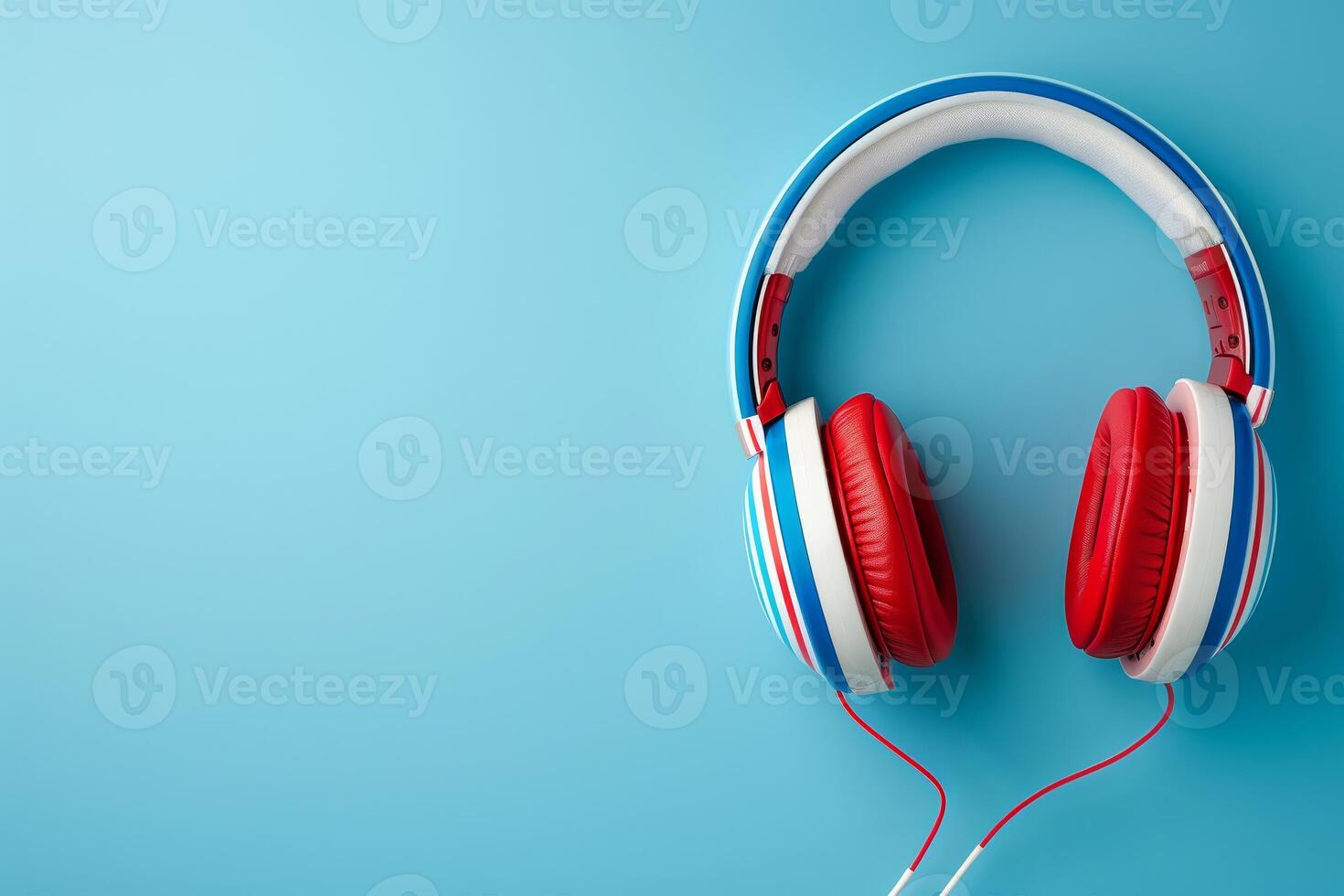 Unique red, white, and blue striped headphones on a soft blue gradient background with empty space for text photo