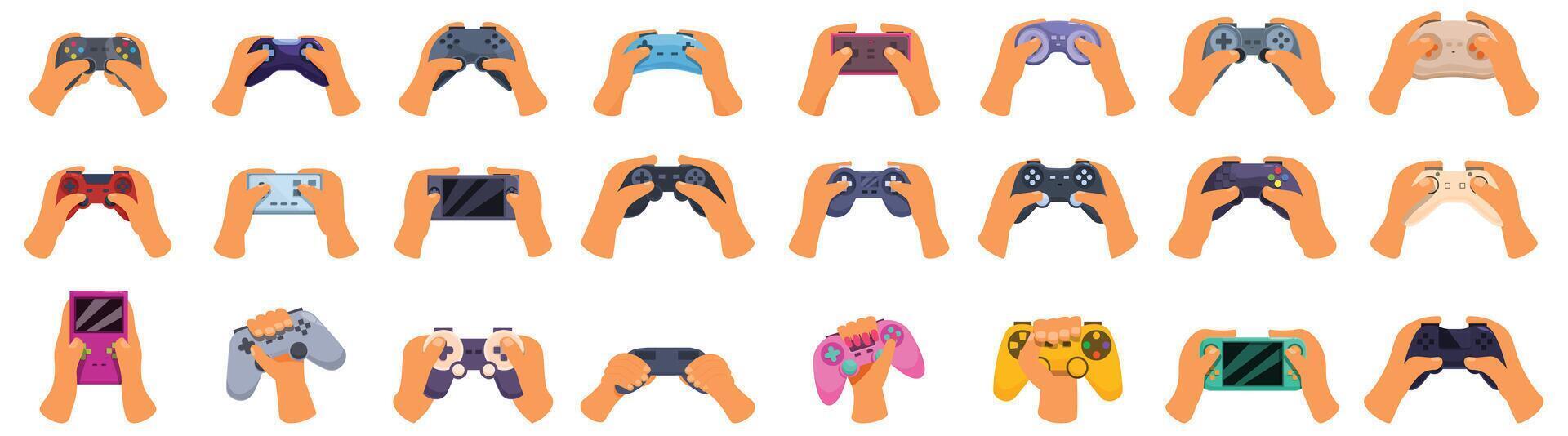 Gamer hands console controller icons set . A hand holding a game controller with a pink controller vector