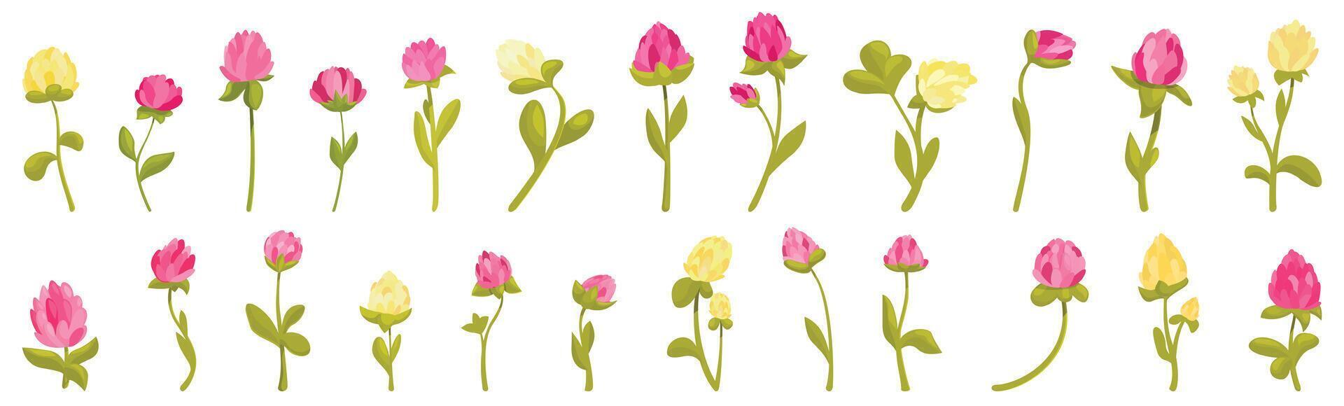Clover bloom icons set . A row of flowers with some yellow flowers in the middle vector