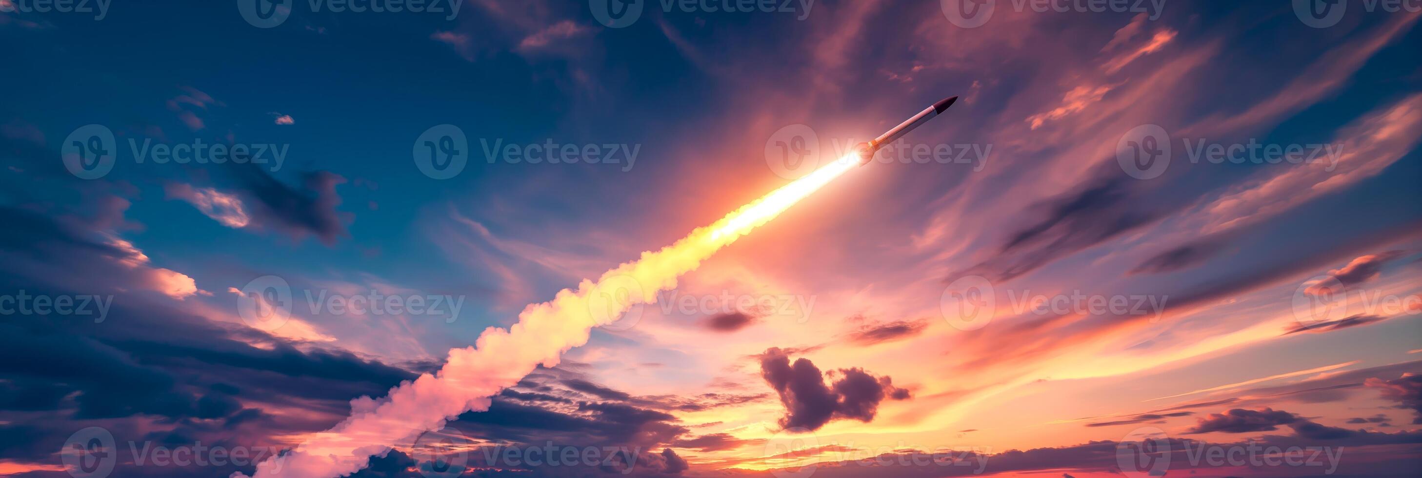 Missile with sharp nose speeding through the atmosphere, white contrail, sunset sky photo