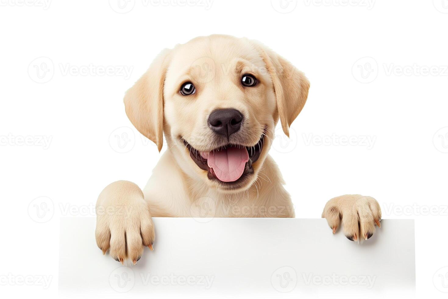 Adorable yellow Labrador Retriever puppy peeking over blank banner, isolated on a white background, perfect for pet shop promotions and National Dog Day photo