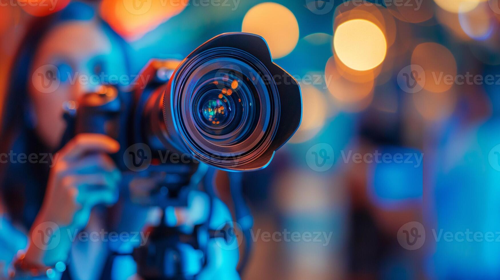 A close up of an AI powered camera lens focusing on a blogger recording a , blurred background photo