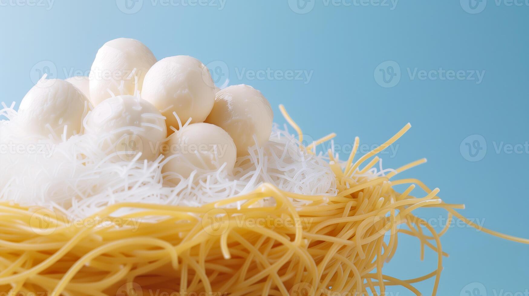 Perfect photo, stock photo style A conceptual image of spaghetti forming the shape of a birds nest with eggs made of mozzarella balls, set against a sky blue to cream gradient