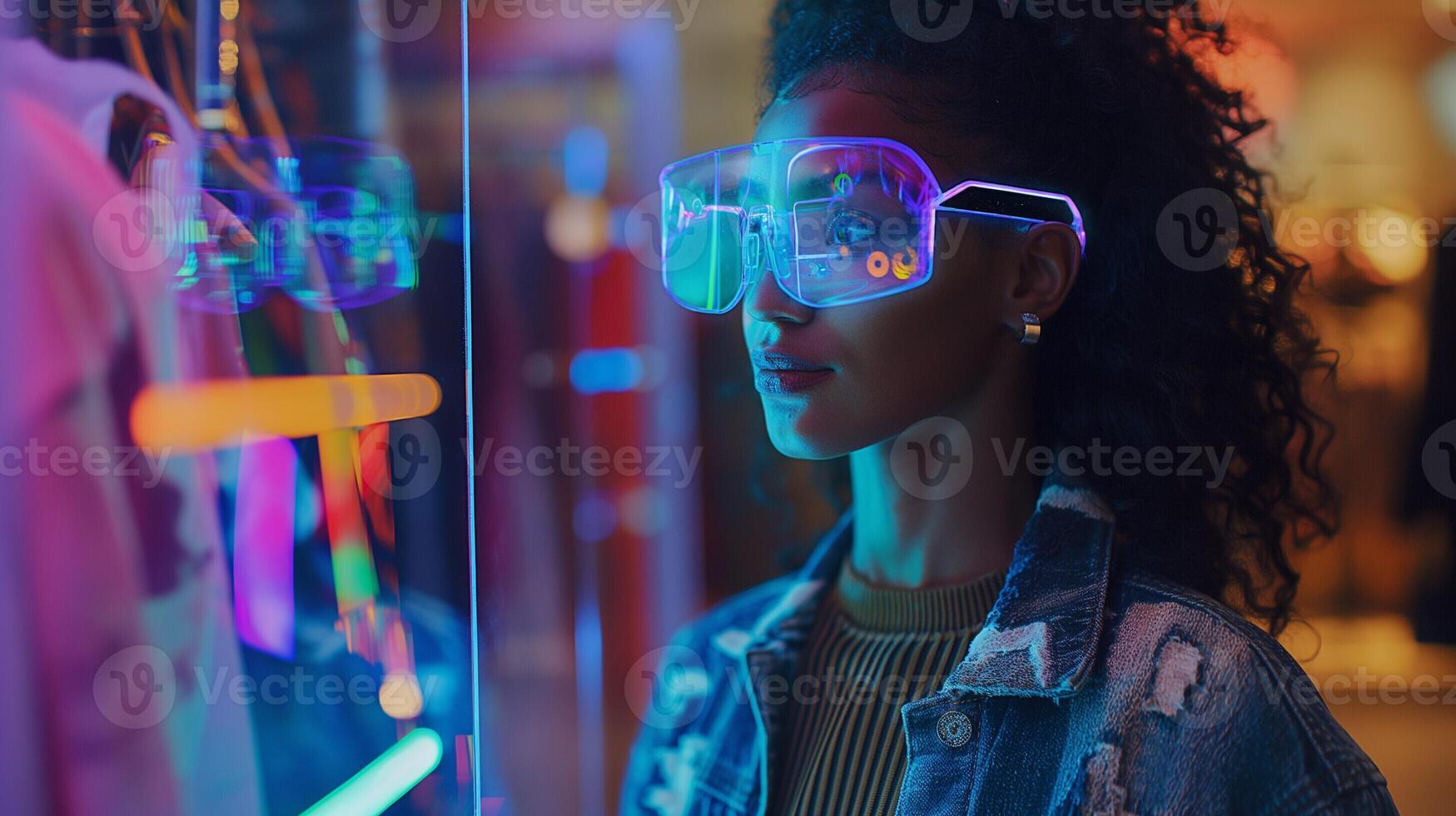 Wide angle shot of a young woman receiving fashion advice from a holographic AI assistant photo