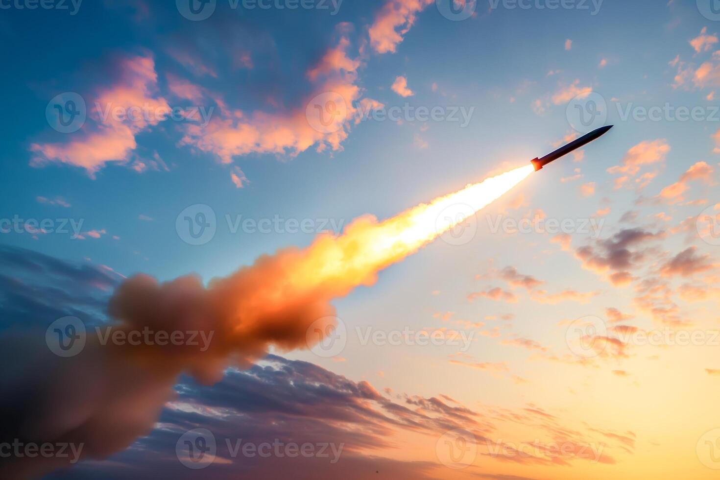 Side view of a missile in motion, smoke trail, twilight sky, vibrant colors photo