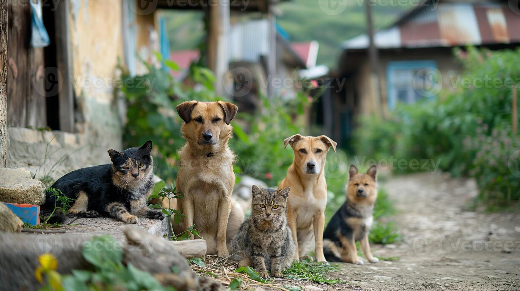 A group of dogs, cats, bees, and different plant in the Serbian village, empty space for text photo