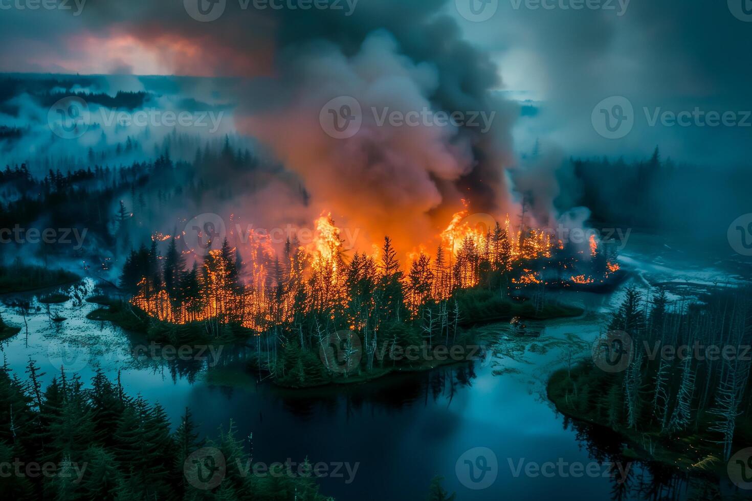 Forest lake fire burning trees rising smoke natural disaster aerial view photo