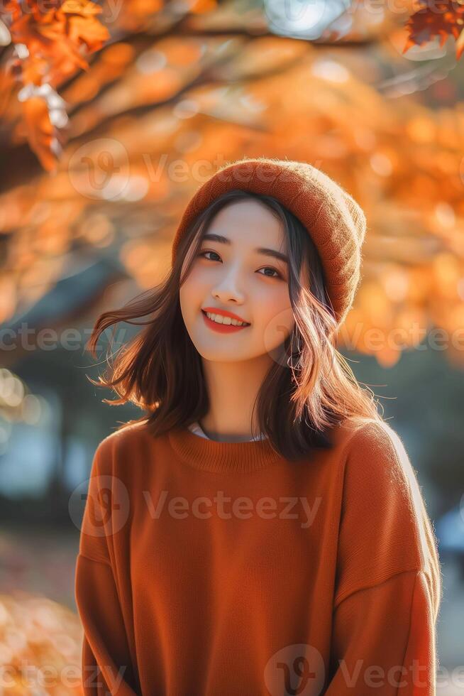 Young cute asian woman smiling in park autumn day orange sweater and hat photo