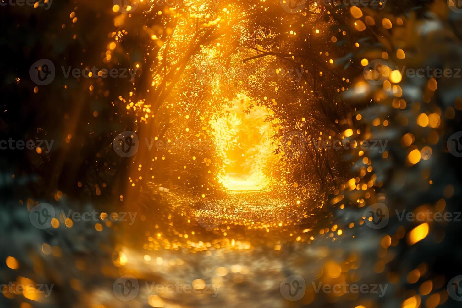 Forest path bathed in golden sunlight, symbolizing tranquility and warmth photo