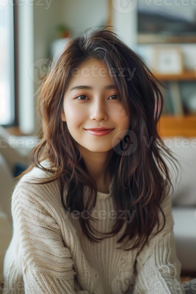 Young beautiful asian woman smiling sitting on couch, brown hair photo