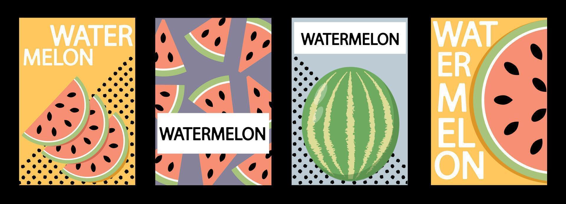 Set of labels, posters and price tags with watermelon fruits in a bright minimalistic style. vector