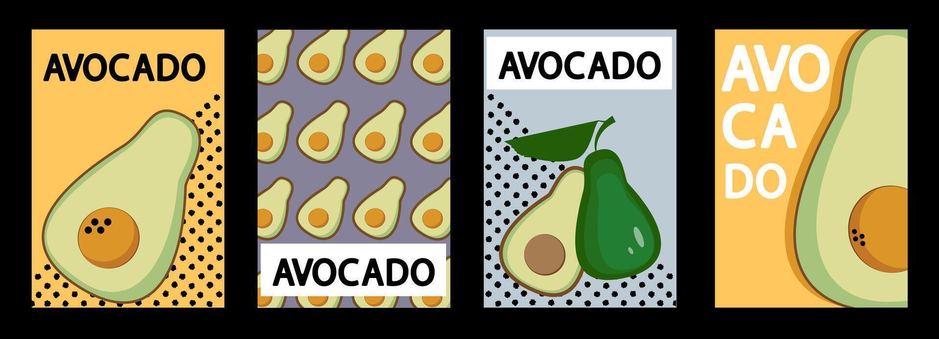 Set of labels, posters and price tags with avocado fruits and in a bright minimalistic style. vector