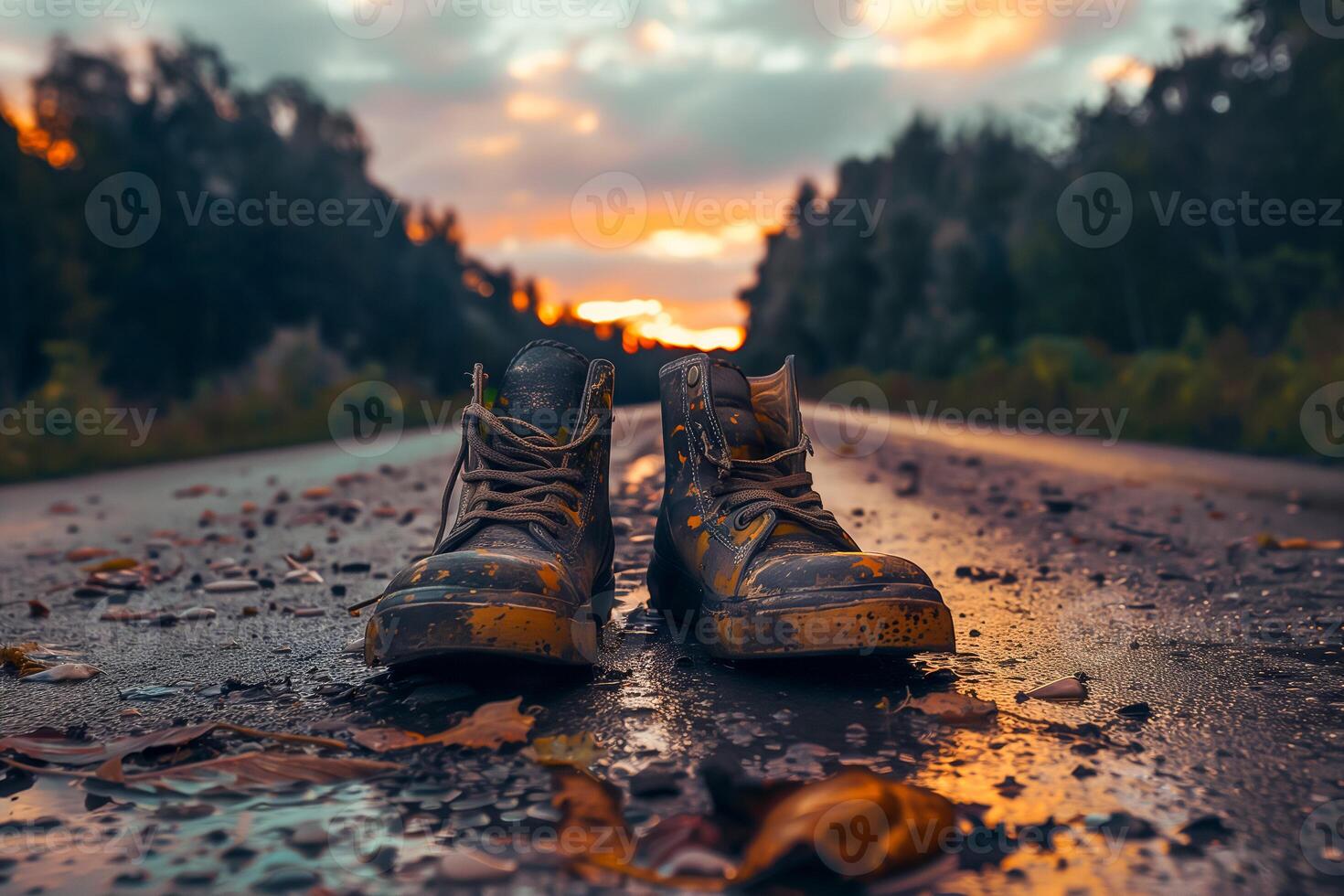Pair of old shoes abandoned on a road photo
