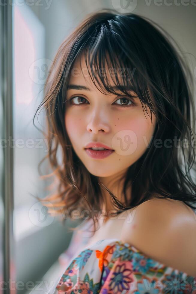 Beautiful young asian woman looking camera, vertical portrait photo