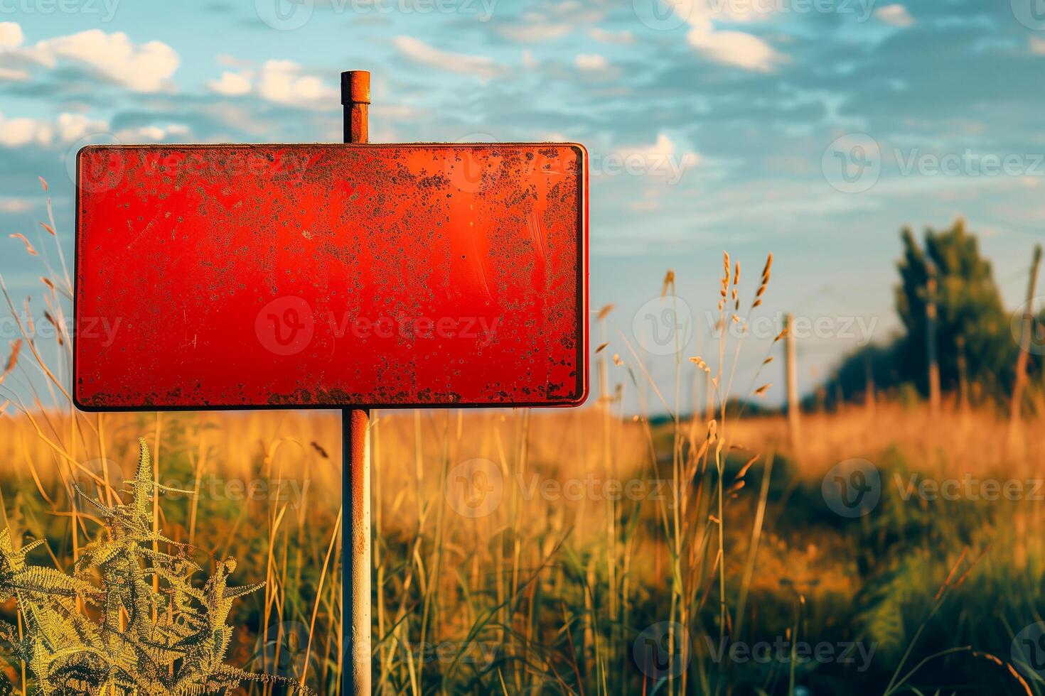 Old red blank signpost, meadow, cloudy sky, copy space for text photo