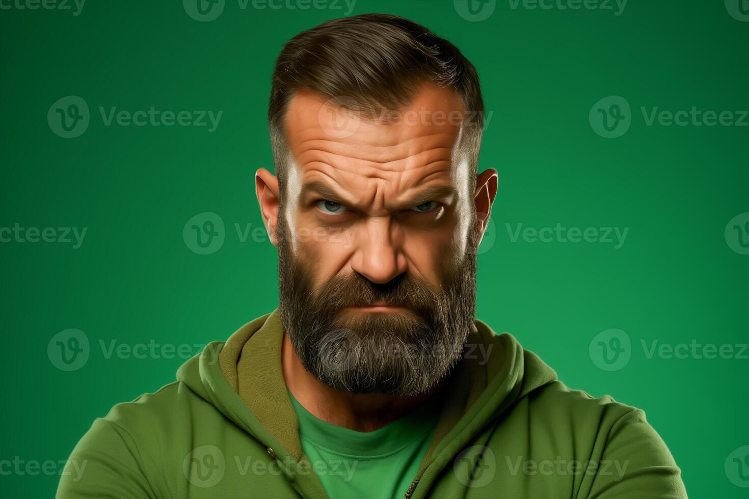 Portrait of angry man isolated on green background photo