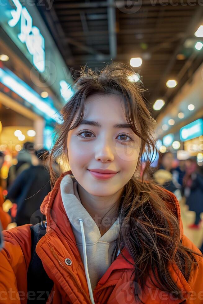 Young asian woman taking selfie in a mall, orange coat long brown hair photo
