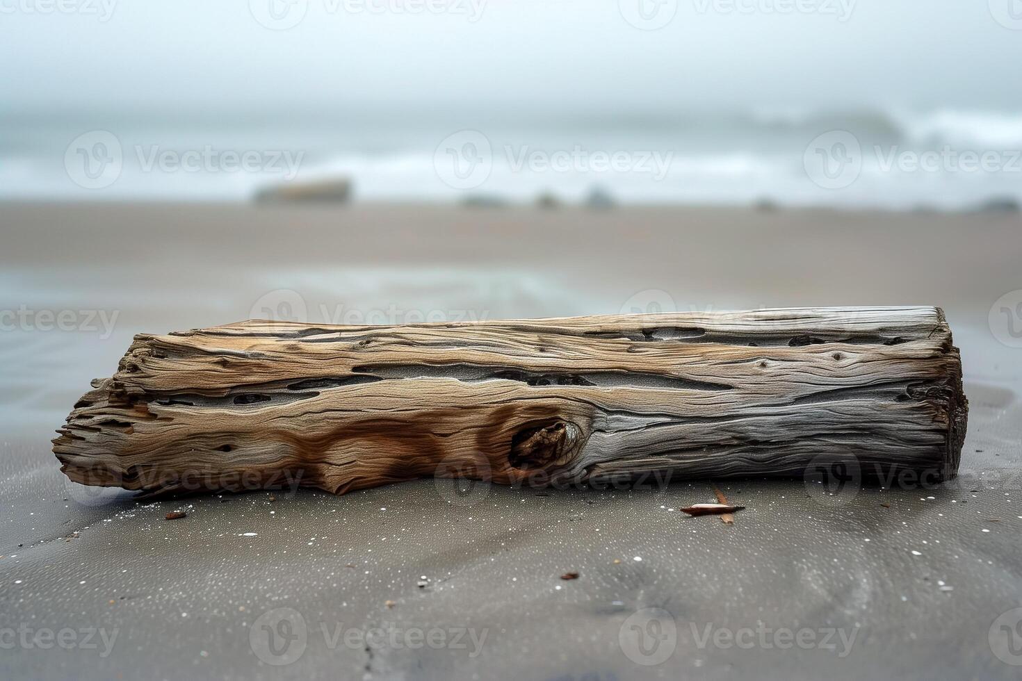 Single piece of driftwood on an empty beach, symbolizing isolation and loneliness photo