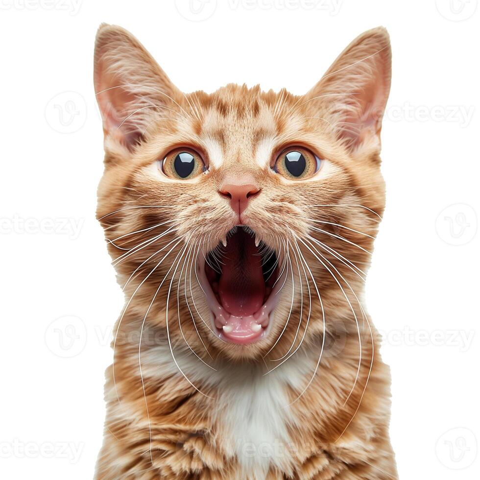 Surprised orange tabby cat with mouth open isolated on a white background, ideal for pet related concepts and International Cat Day promotions photo