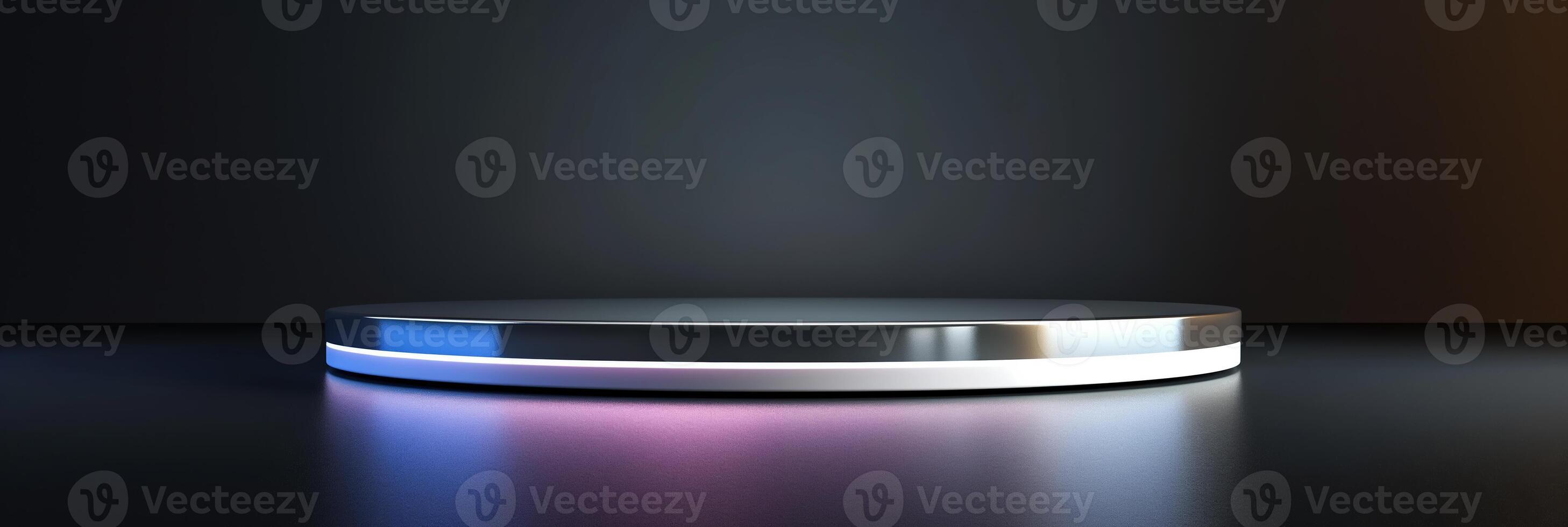 Sleek silver podium with LED lighting, modern 3D platform, dark gradient background photo