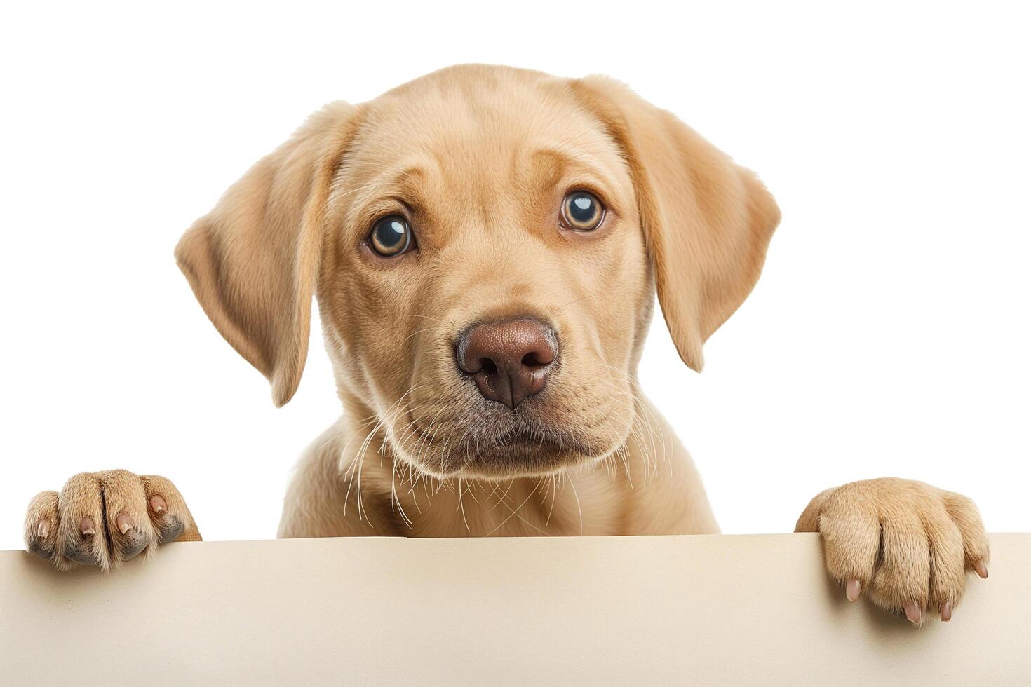 Adorable labrador puppy peeking over edge, isolated on white background, ideal for pet care and National Puppy Day promotions photo