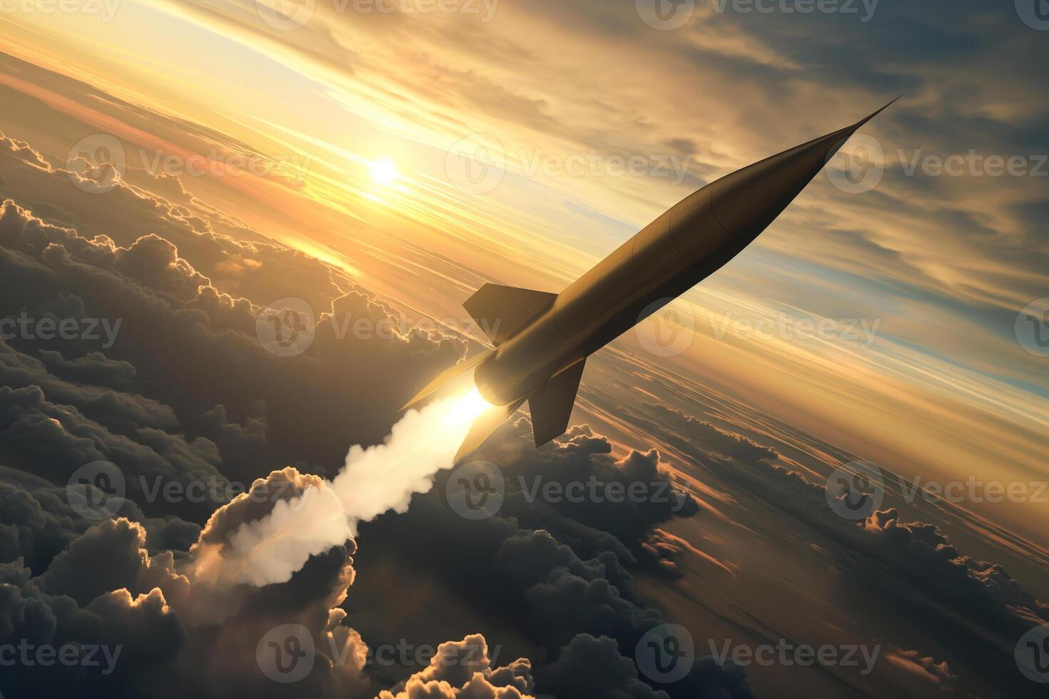 High-tech missile soaring through the air, trail of smoke and fire, dusk sky photo