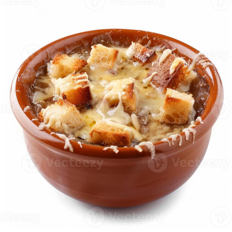 French onion soup with melted cheese and croutons isolated on white background photo