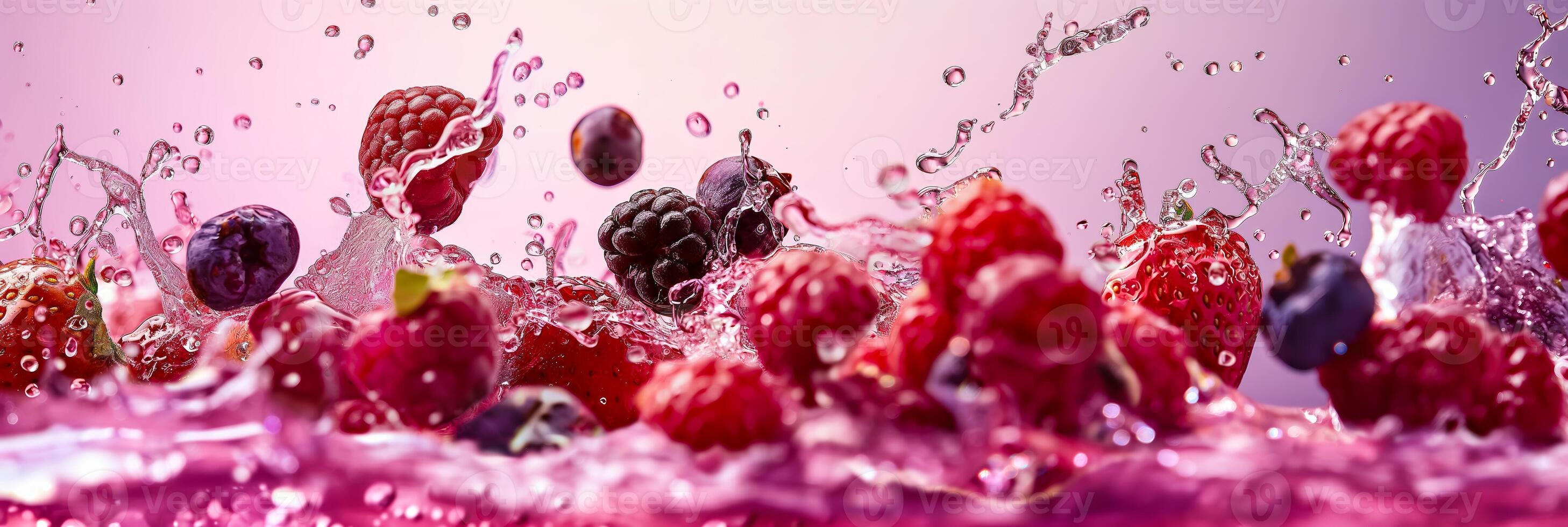Mixed berry juice splashes on a purple to magenta gradient background, bold and colorful photo