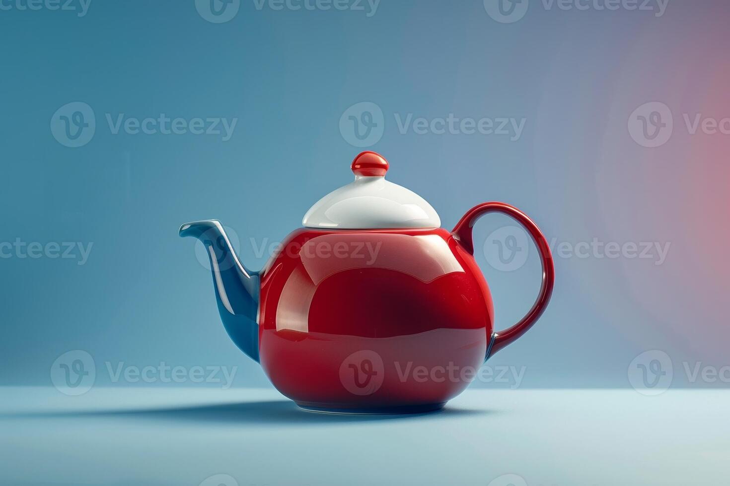 A quirky teapot painted in red, white, and blue, on a blue to white gradient background photo