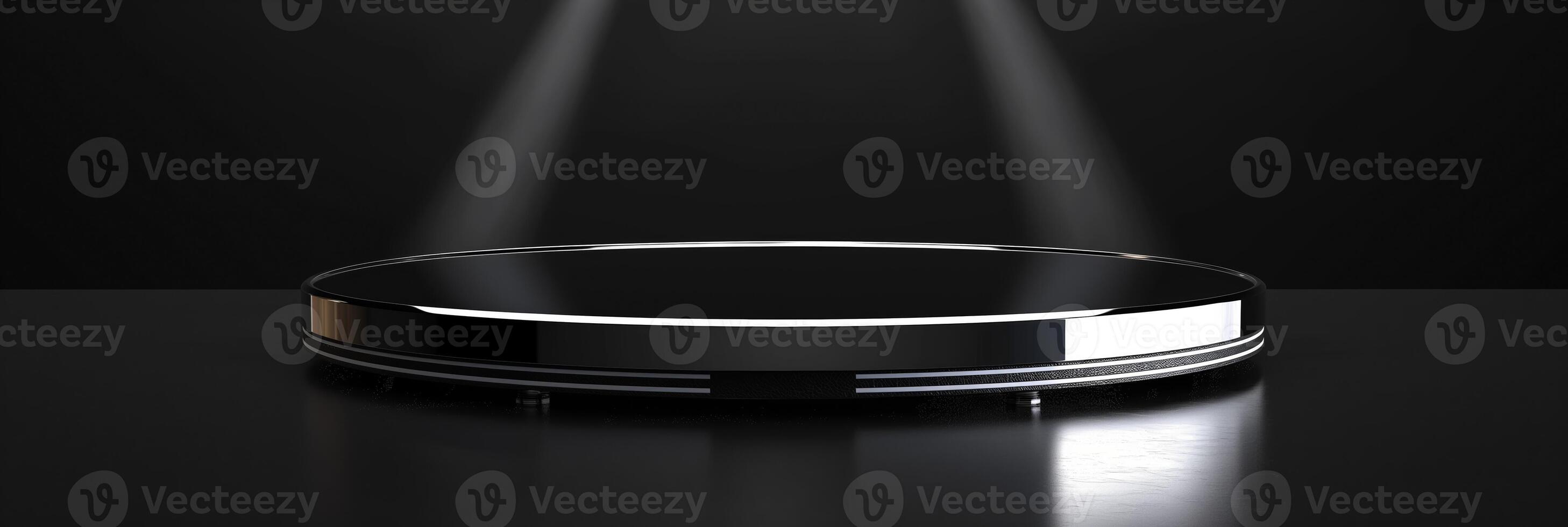 High-gloss black podium with chrome edges, modern 3D platform, spotlight, black background photo
