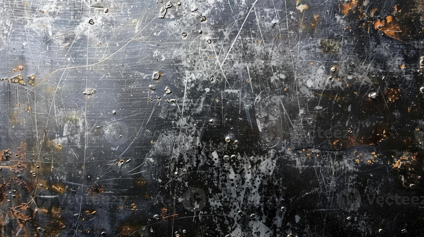 Overhead view of a weathered metal surface with scratches and dents, creating a grunge texture photo