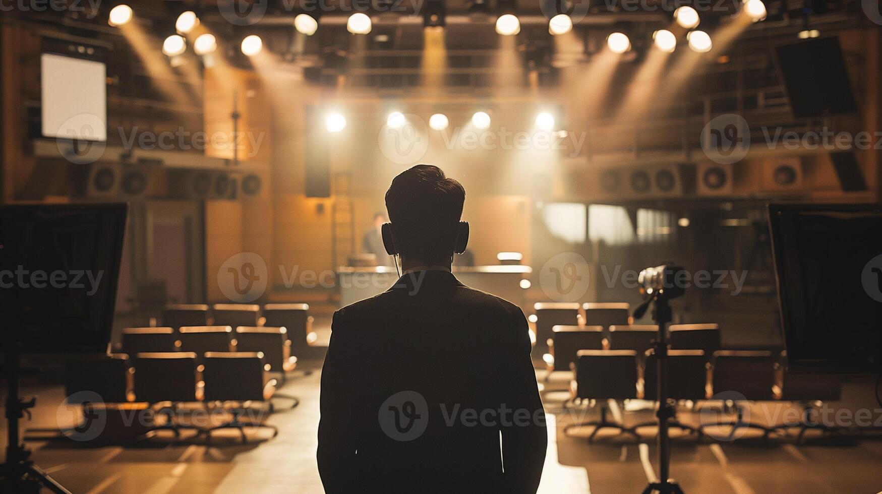 Journalist rehearsing in an empty news studio, practicing lines with empty seats around photo