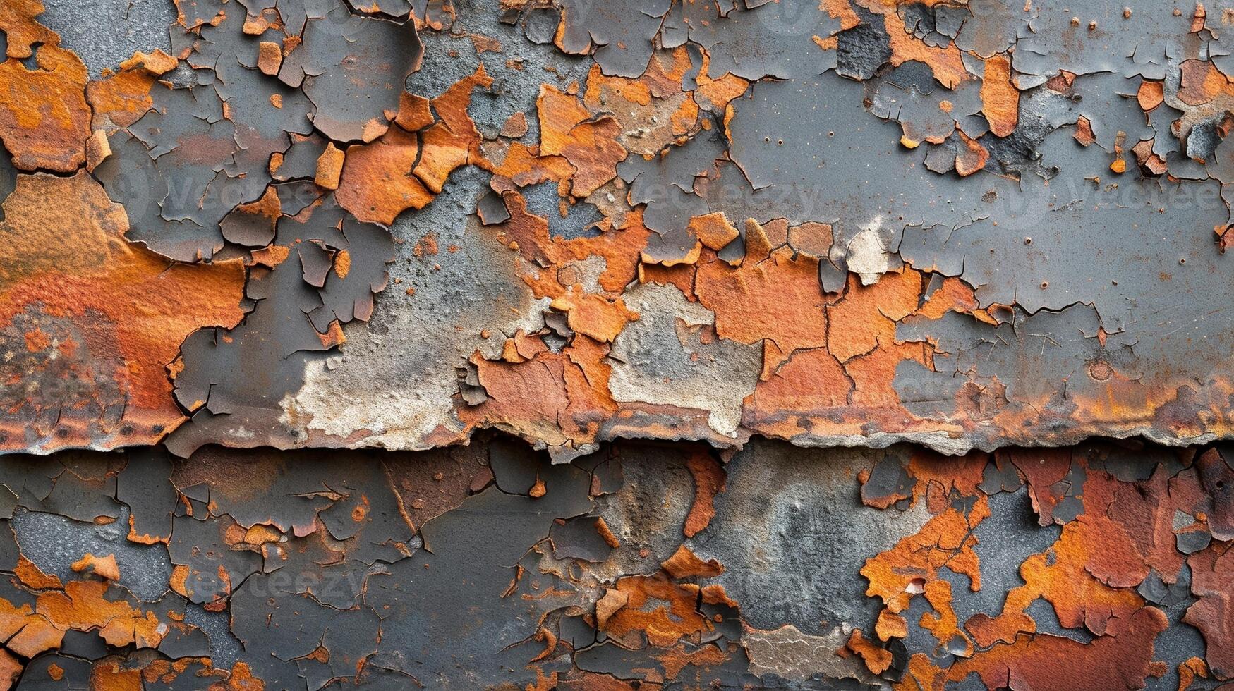 Wide angle view of a rusty metal surface with peeling paint and visible textures photo