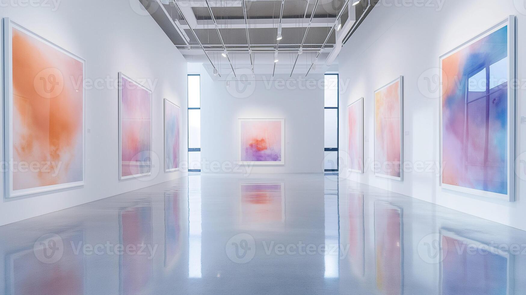 Wide angle view of an art gallery wall featuring a series of abstract watercolor paintings in soft pastel hues photo
