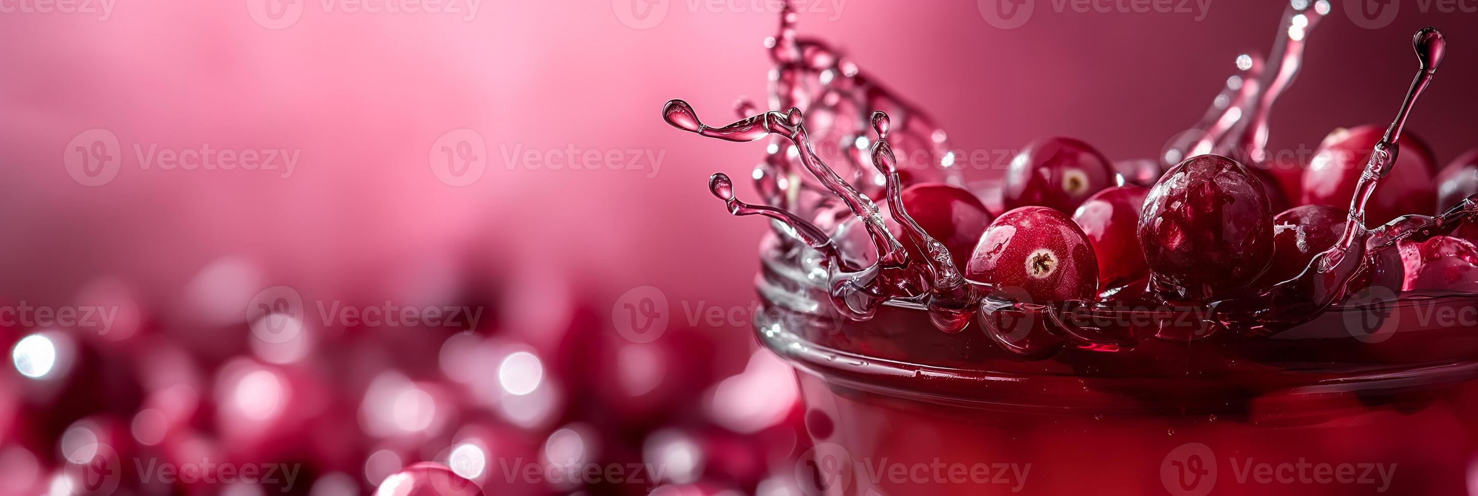Cranberry juice splash on a dark red to pink gradient background, rich and vibrant photo