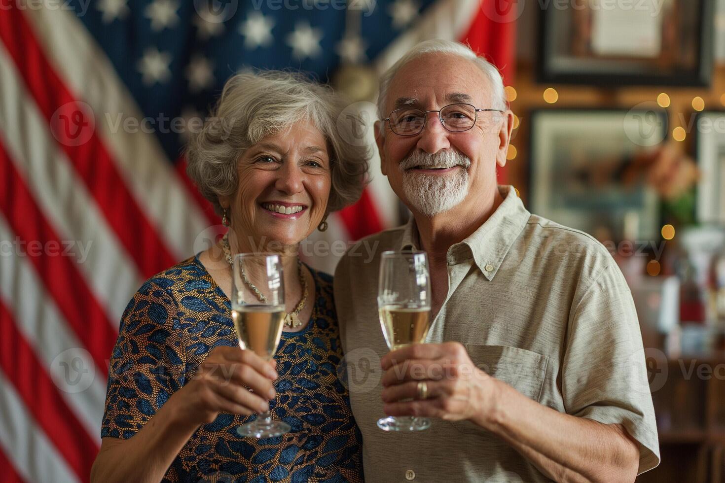 Elderly couple toasting with champagne, American flags in background, festive 4th of July celebration photo