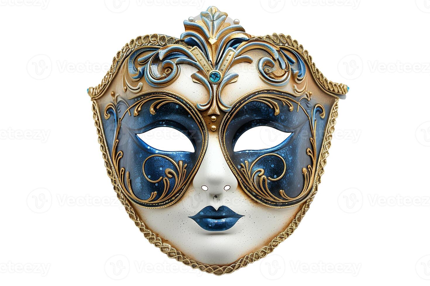Elegant Venetian mask with intricate blue and gold designs, isolated on a white background, related to masquerade balls and Carnival of Venice photo