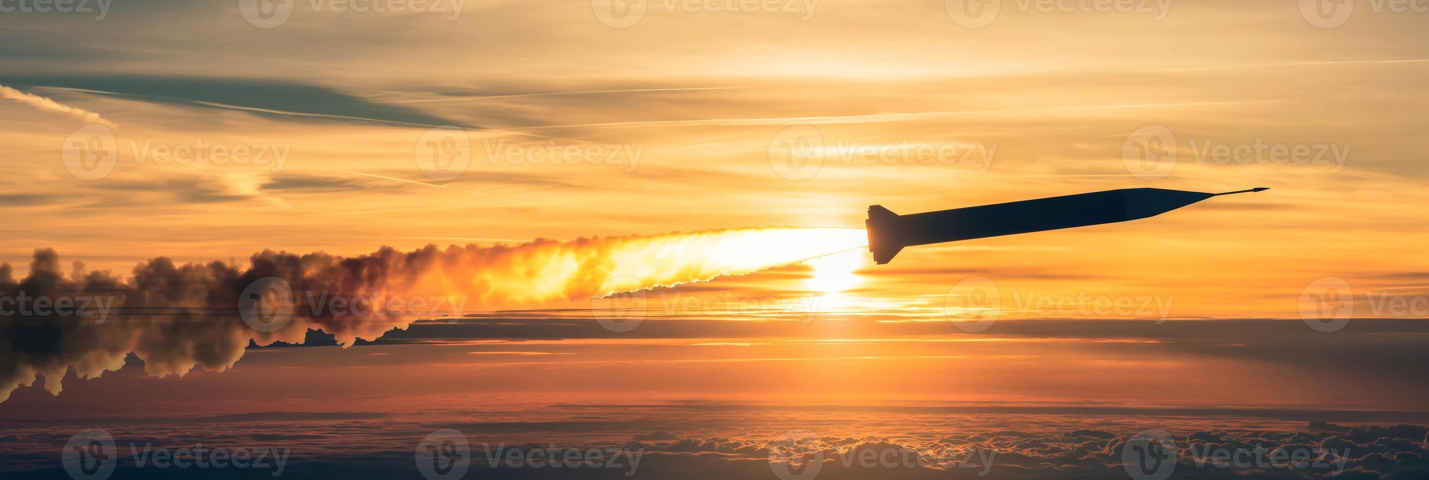 High-tech missile soaring through the air, trail of smoke and fire, dusk sky photo